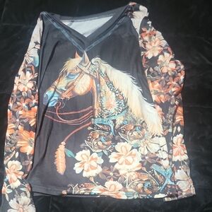 Floral Horse Print Long Sleeve Top